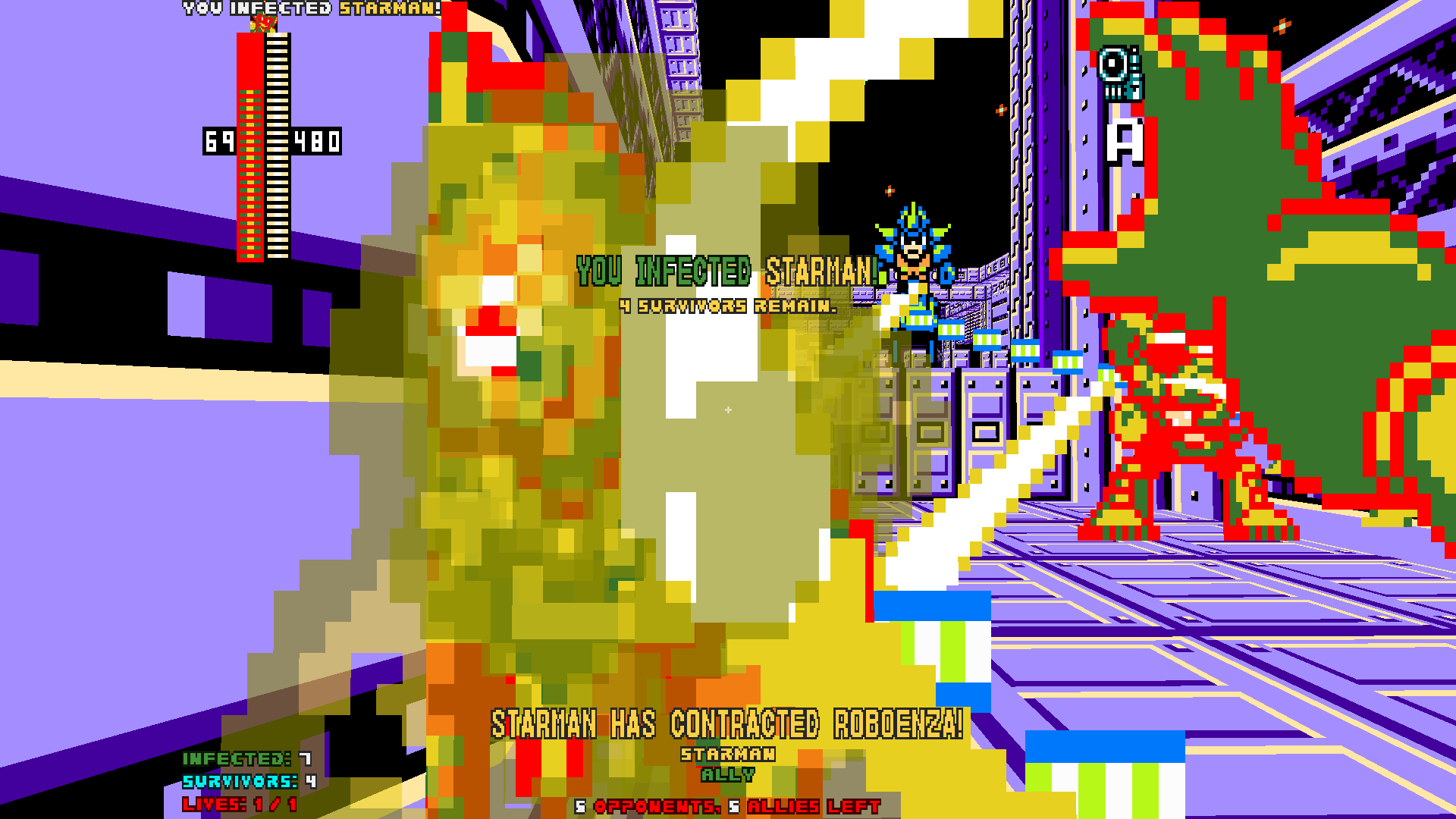 A crowd of players in a chaotic, roboenza frenzy.
