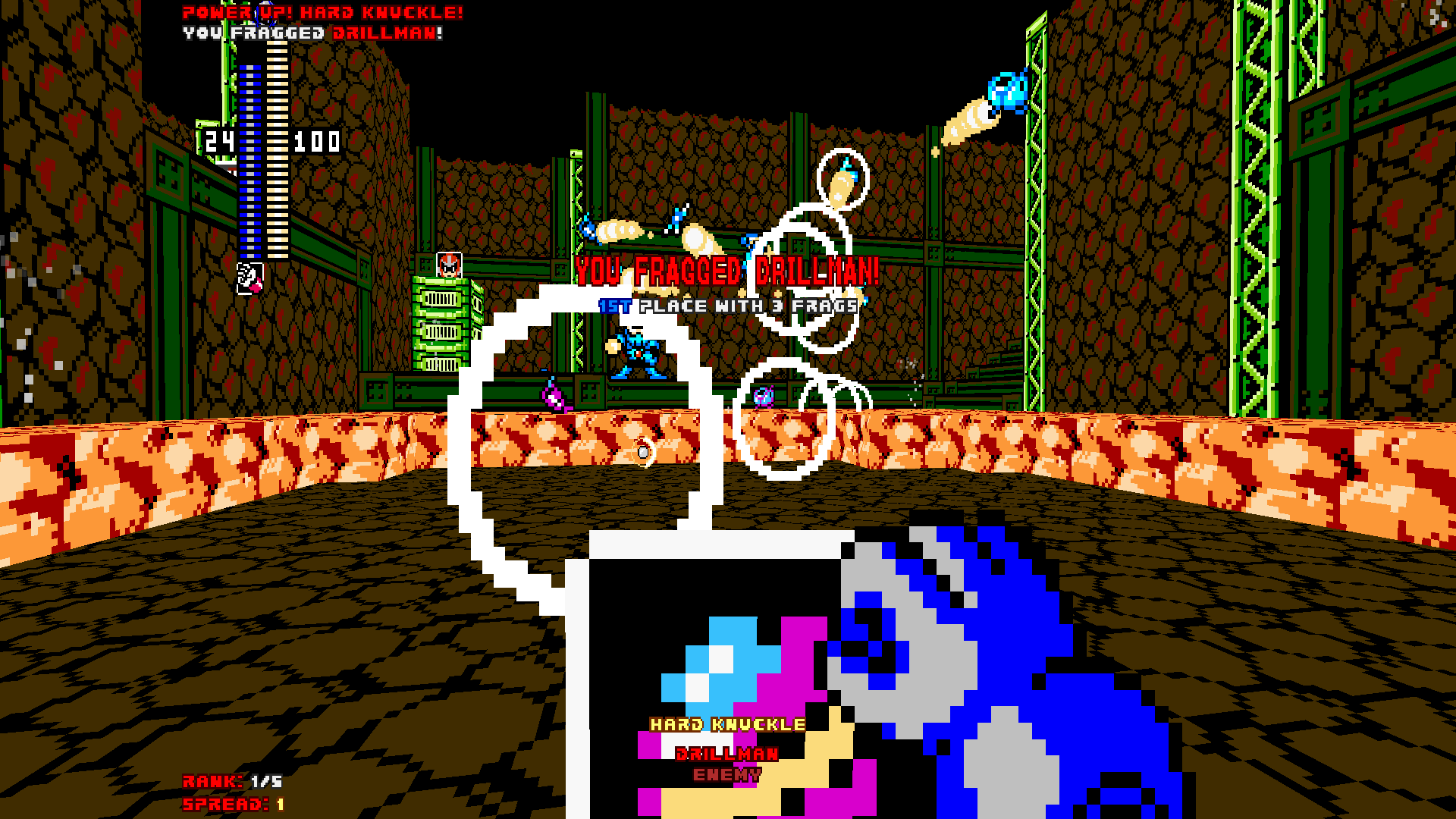 A player fragging Drillman on Hardman's stage with Hard Knuckle.
