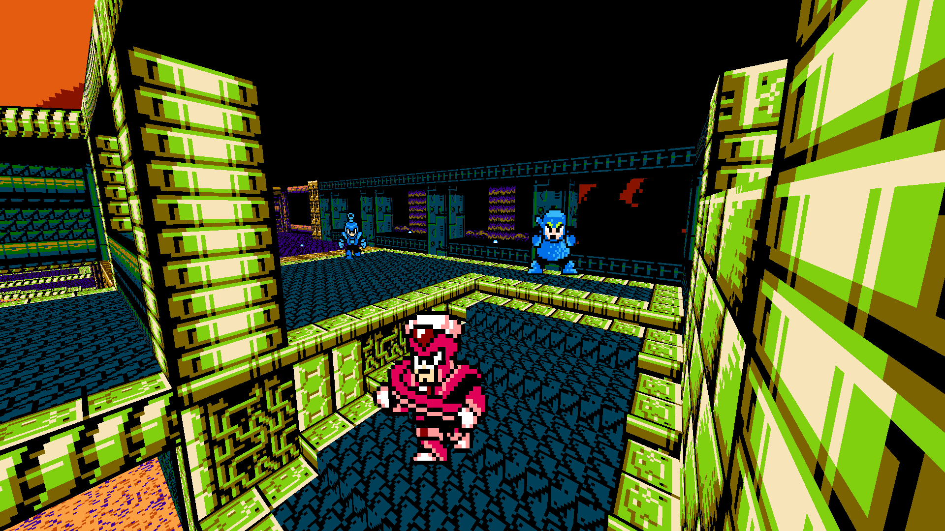 The last member standing on Wily Team, Saturn, running away from two enemies, Ringman and Woodman.